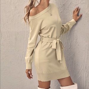 Asymmetrical neck button side belted sweater dress